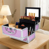 Pink aluminum makeup train case open with trays and mirror