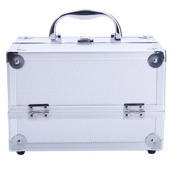 Silver aluminum train case closed