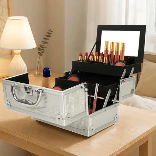 Aluminum makeup train case open with trays and mirror